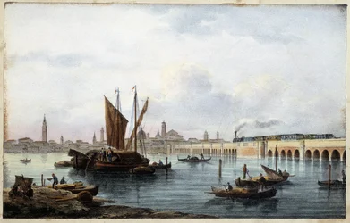 Most nad laguną w „Albumie głównych widoków Wenecji” rysuje Marco Moro ed. Gio Brize-Ghel b.d. 1840. Ok.
