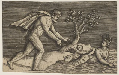 Nagi mężczyzna ściskający najady i kupidyna do wody, ok. godz. 1515-27.