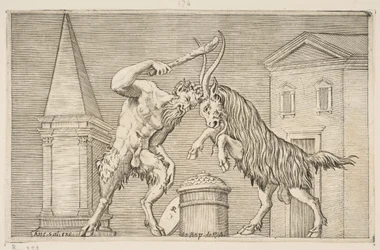 Satyr i baran atakują się nawzajem, satyr dzierżący maczugę w prawym ha..., ca. 1515-27.