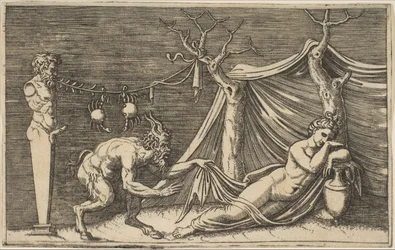 Satyr odkrywa śpiącą kobietę, dwa kraby zwisające z liny, która jest nawleczona..., ca. 1515-27.
