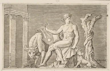 Apollo pasący stada Admetusa, Apollo siedział trzymając lirę i otoczony przez..., ca. 1515-27.