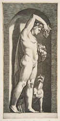 Bachus stojący w niszy trzymający winogrona w uniesionej prawej ręce, owoce w swojej l..., ca. 1515-27.