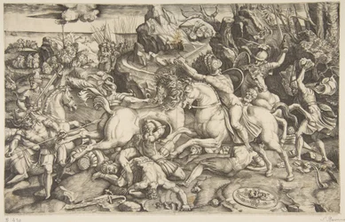 Scena bitwy w krajobrazie z żołnierzami na koniach i kilkoma poległymi mężczyznami, kolejna..., ca. 1520.