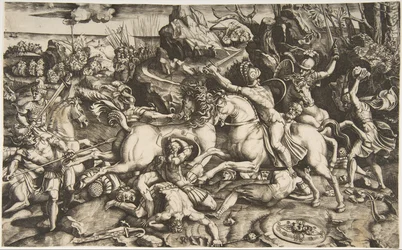 Scena bitwy w krajobrazie z żołnierzami na koniach i kilkoma poległymi mężczyznami, kolejna..., ca. 1520.