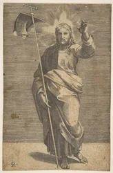 Chrystus stojący twarzą do przodu, trzymający krzyż ze sztandarem i unoszący lewą…, ok. godz. 1515-27.