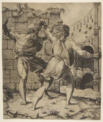 Entellus i Dares walczą przed klasycznymi ruinami, 1520-25.