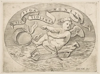 Eros Uciekający przez morze, Kupidyn używający swojego łuku do napędzania łodzi zrobionej z jego kołczanu dowcipu..., ok. godz. 1515-27.
