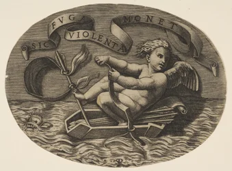 Eros uciekający drogą morską używając łuku do napędzania łodzi wykonanej z jego kołczanu z ar..., ca. 1515-27.