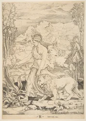 Męstwo w widoku z profilu idąc w kierunku ognia po lewej stronie i prowadząc zaprzężoną lw..., ca. 1515-27.