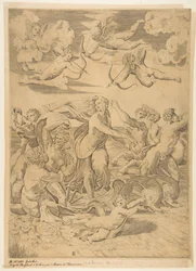 Galatea jadąca w muszli ciągniętej przez delfiny w wodzie, amorek poniżej i f..., ca. 1515-27.