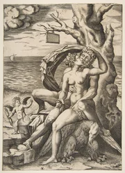 Obejmują się Jowisz i Semele, pod nimi orzeł, drzewo po prawej z pustym t..., ca. 1515-27.