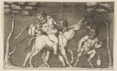Dwóch satyrów sadzających Silenusa na ryczącym mule i trzeciego satyra po prawej stronie, ca. 1515-27.