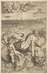 Wenus i Kupidyn dosiadają dwóch morskich potworów, Kupidyn unosi strzałę w prawej ręce, t..., ca. 1515-27.