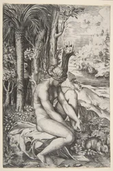 Wenus usuwa cierń z lewej stopy siedząc na obrusie obok drzew, a..., ca. 1515-27.