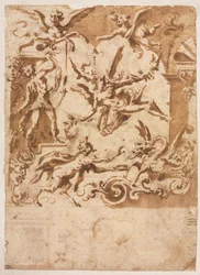 Groteska z satyrem karmiącym smoka prosto, Groteska ze skaczącym centaurem verso, c1565158