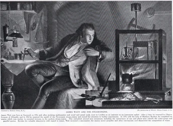 James Watt i maszyna parowa, ilustracja z książki „Hutchinson