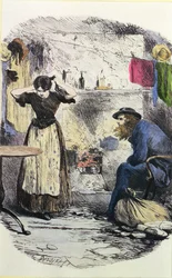 Pleasant Riderhood and John Harmon, ilustracja z „Naszego wspólnego przyjaciela” Charlesa Dickensa (1812-70) 1864-65 (kolorowa grawerunek)
