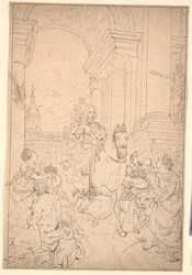 Szkic do obrazu: Dania i Norwegia oddają hołd Chr. VI (spalony Christiansborg 1794)