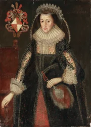 Portret lady Eleanor Dutton, długości trzech czwartych, w eleganckiej sukni, stojącej obok krzesła z herbem rodziny Dutton z Cheshire i Gloucestershire