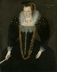 Portret Lucy, lady Reynell z Forda, długości 3/4, w ciemnej sukni z białym koronkowym kołnierzykiem i złotymi i perłowymi naszyjnikami, trzymająca w prawej ręce wachlarz z identyfikującym napisem