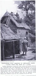 Bombardier King asystujący przy obserwacjach artyleryjskich z dachu stodoły po drugiej stronie rzeki Lys, październik 1914 r. (litografia)