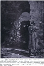 Starszy sierżant kompanii Seaman zdobył DCM za powstrzymanie ataku niemieckiego w lutym 1915 r. (litografia)