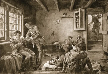 Kapral Royall zajmujący się rannymi w przydrożnej gospodzie, która była pod ostrzałem (litografia)