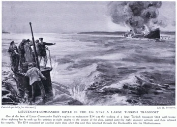 Komandor porucznik Boyle w E14 zatapia duży turecki transport 1915 (litografia)