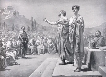 Perykles błagający o Aspazję, ilustracja z "Historii narodów Hutchinsona