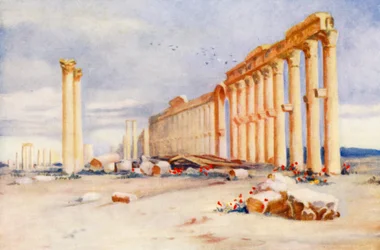 Kolumnada, Palmyra, z tureckim zamkiem w oddali (kolorowa litografia)