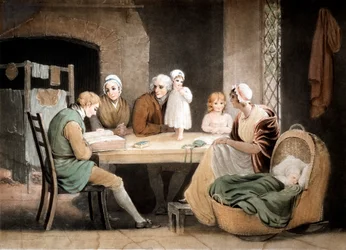 Trzy pokolenia słuchają czytania Biblii rodzinnej, ok. 1800 r.