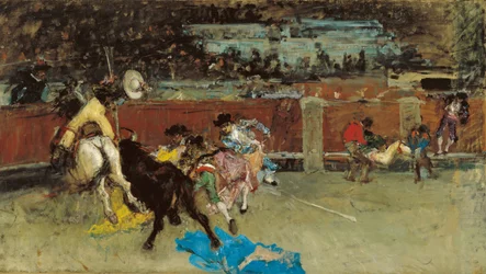 Walka byków. Ranny Picador - Fortuny, Maria (1838-1874) - ca 1867 - Olej na płótnie - 80,5 x 140,7 - Museo Carmen Thyssen, Malaga
