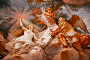 Romulus jest witany w Olympusie przez Jowisza. Fragment obrazu „Apoteoza Romulusa” 1775-1779, fresk