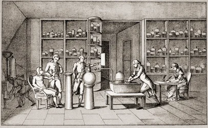 Antoine Laurent de Lavoisier (1743-1794), francuski chemik przeprowadzający eksperyment dotyczący oddychania człowieka w spoczynku. Rysunek pani Lavoisier.Paryż XVIII wiek.Kolekcja Leemage