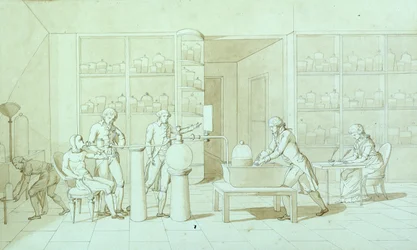 Antoine Lavoisier (1743-94) i jego eksperymenty z oddychaniem (pióro, atrament i sepia na papierze)