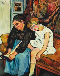 Babcia zakładająca buciki dziewczynce, 1931