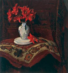 Dywan i wazon z czerwonymi liliami, autorstwa Mario Pucciniego (1869-1920), olej na płótnie, 64x59 cm.