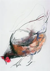 Karmienie kury, Trasierra, 1998 (grafit, conte i węgiel na papierze)