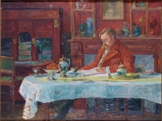 Émile Verhaeren 1855-1918 przy stole, 1900.