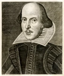 William Shakespeare ze strony tytułowej „Komediów, historii i tragedii pana Williama Szekspira” opublikowanej w 1623 r. (rycina)