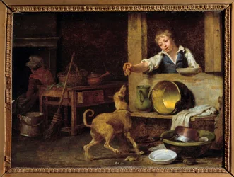 Wnętrze kuchni Młody służący rozdaje psu resztki. Obraz Martina Drollinga (1752-1817) XIX-wieczny Orlean, Muzeum Sztuk Pięknych