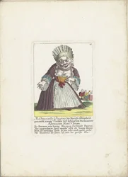 De dwerg Mademoiselle Poupon, jako Parijse Schone, ok. 1710 Mademoiselle Poupone, paryska piękność, jakaś córka znanego adwokata Parlamentu Monsr. Chican (tytuł na obiekcie) Il Callotto resurcitato lub nowo umeblowana chata Zwerchen