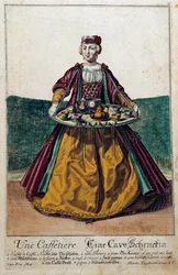 Ekspres do kawy: młoda kobieta niosąca tacę z serwisem kawowym. Grawer Martina Engelbrechta (1684-1756) XVIII wiek. Paryż, Sztuka Dekoracyjna