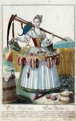 Kobieta chłopska. Rycina Martina Engelbrechta (1684-1756), w "Nowym montażu habilitacji manouvries" XVIII w., Niemcy. Paryż, Sztuki Dekoracyjne.