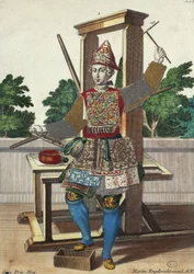 Producent kolorowych papierów, grawer z Assemblage des nouveau manouvries habilles Martin Engelbrecht (1684-1756), Niemcy