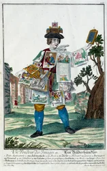 Metier: sprzedawca zdjęć. Grawer autorstwa Martina Engelbrechta (1684-1756), w „Nowym zespole habilles manewrów” XVIII w., Niemcy. Paryż, Sztuka Dekoracyjna