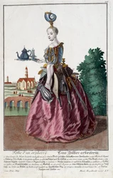 Metier: Kobieta ze złotą rybką. Rycina Martina Engelbrechta (1684-1756), w "Nowym montażu habilitacji manouvries" XVIII wiek, Niemcy. Paryż, Sztuka Dekoracyjna