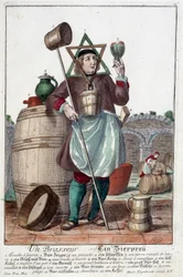 Przedstawienie piwowara z fontanną, szklanką, dzbankiem, wiadrem, beczką, młotkiem, miską, brokiem, kotłem. Grawerowanie autorstwa Martina Engelbrechta (1684-1756)