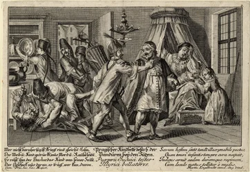 Pandurowie odwiedzający Żydów - Englebrecht, Martin (1684-1756) - ok. 1756 - Miedzioryt - 21,3x30,9 - Kolekcja prywatna