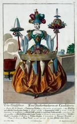 Cukiernik: młoda kobieta trzymająca tacę z cukierkami i słodyczami. Grawer Martina Engelbrechta (1684-1756) XVIII wiek. Paryż, Sztuka Dekoracyjna